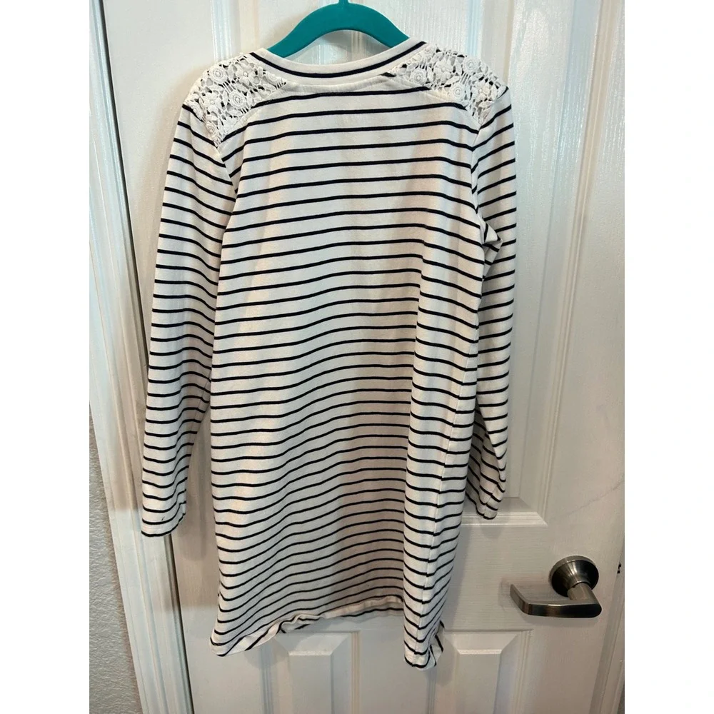 Rumi + Ryder Dress Navy White Striped Lace Heart Crochet Long Sleeve Kids M 8-10